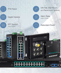 5 Port Industrial Unmanaged Fast Ethernet PoE Plus DIN Rail Switch TI PE50 with 200W, shown among other industrial switches.
