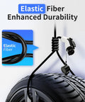 Heavy Duty EV Charger Extension Cable 30 Foot 50 Amp Level 2 J1772 Compatible Plug hanging over a tire showcasing elastic fiber durability.