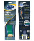 Lower Back Pain Relief Orthotics With Shock Guard Tech in retail packaging showing front and back details.