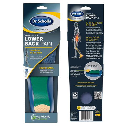 Lower Back Pain Relief Orthotics With Shock Guard Tech in retail packaging showing front and back details.
