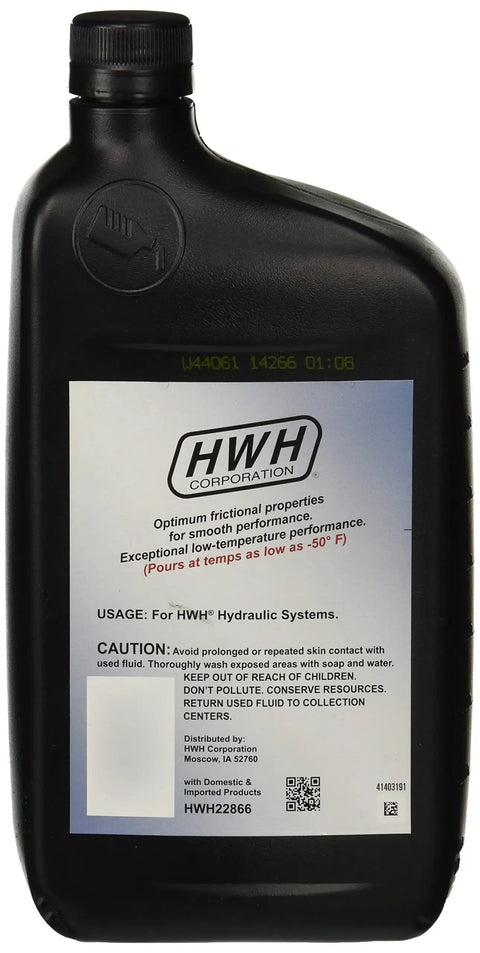Specialty Hydraulic Oil for HWH Leveling Systems 1 Quart bottle with label, showing friction reduction properties