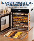 Heavy Duty Stainless Steel Food Dehydrator With Twelve Spacious Trays And A Rock Solid 800 Watt Motor for drying fruits and nuts.
