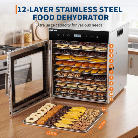 Heavy Duty Stainless Steel Food Dehydrator With Twelve Spacious Trays And A Rock Solid 800 Watt Motor for drying fruits and nuts.