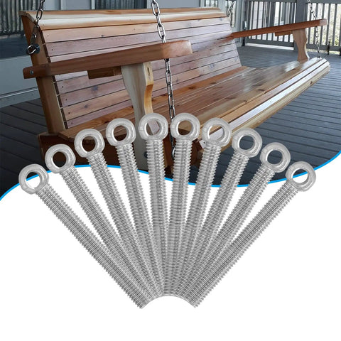 Ring Eye Bolts M5 x 40mm, 304 Stainless Steel 10-Pack arranged in front of a swing bench for securing ropes and chains.