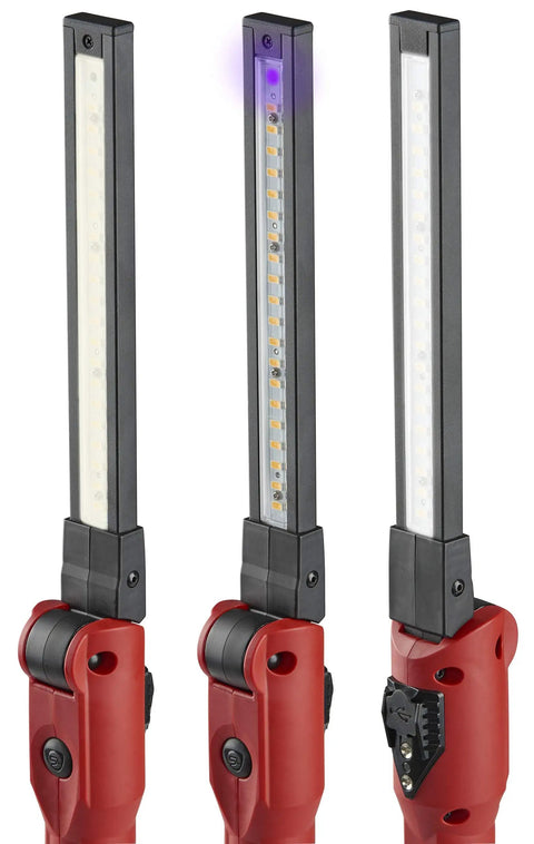 Stinger Switchblade 800 Lumen Rechargeable Multi Function LED Work Light With Color Rite Technology in red, three modes shown