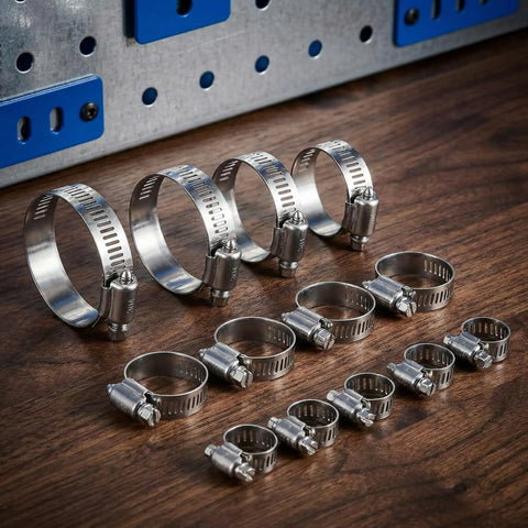 30Pcs 304 Stainless Steel Hose Clamps Set with 6-51mm adjustable, interlocking design, displayed in five size groups on a table.