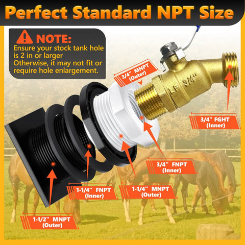 Front view of stock tank drain plug kit with brass faucet and white threaded nut, showing 3/4 inch and 1-1/4 inch NPT fittings
