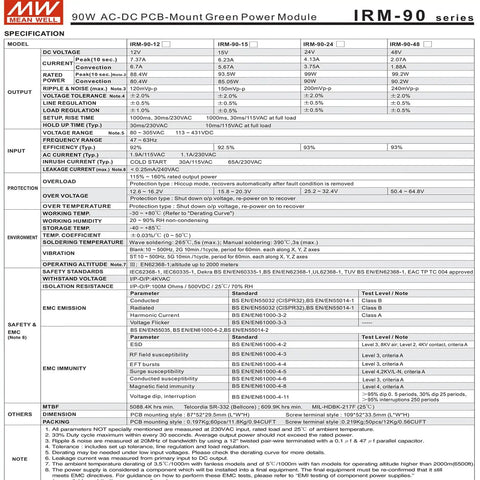 Specification sheet for 90W AC-DC PCB Mount Power Module With Adjustable 48V Output, 1.88A Screw Terminal, IRM-90-48ST series
