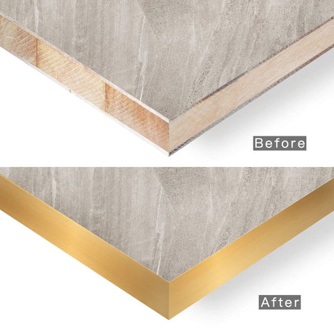 Gold Brushed Aluminum PVC Edge Banding 1.5 Inch By 25 Foot Non Glued Flexible Durable Real Veneer Edge Trim Before After