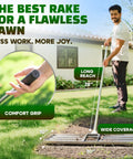Pro Grade Stainless Lawn Leveling Rake 30 Inch Heavy Duty Ground Leveler used by man with adjustable handle on lawn