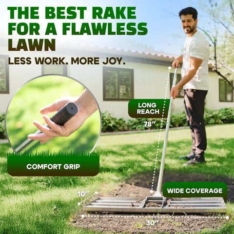 Pro Grade Stainless Lawn Leveling Rake 30 Inch Heavy Duty Ground Leveler used by man with adjustable handle on lawn