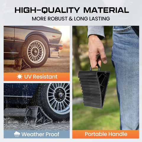 Heavy Duty 4 Pack Wheel Chocks For Travel Trailers And RVs With Portable Handle Pro Grade Tire Chocks For Campers Cars And Trucks Triangular Design For Maximum Stability Non Slip Surface Rugged Durability Black
