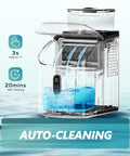 Countertop Ice Maker Machine With External Water Tank showing auto-cleaning feature in black for home kitchen office bar