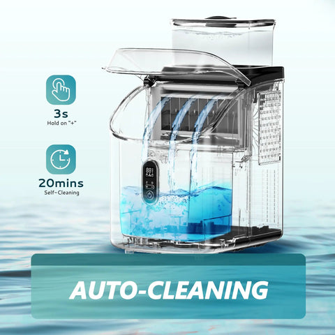 Countertop Ice Maker Machine With External Water Tank showing auto-cleaning feature in black for home kitchen office bar