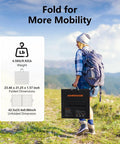 Backpacker carrying 110W Portable Foldable Solar Panel With IP67 Waterproof Rating for camping, showing panel dimensions and weight.