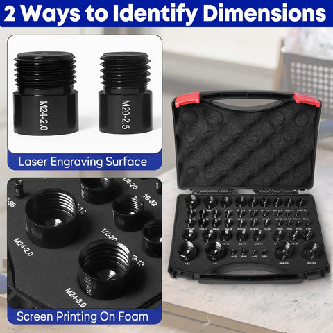 47 Piece Thread Checker Set For Nut And Bolt Threads Box Gauge For Standard And Metric Sizing 25 Inch And 22 Metric Handy For Narrow Areas And Tight Spaces displayed with laser engravings and foam case.