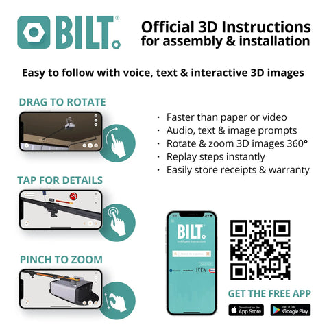 Official 3D instructions for assembly and installation, highlighting interactive features on a phone display.