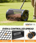 30 Inch Compost Spreader for Lawn and Garden with Adjustable Four Height T Shape Handle Peat Moss Roller in use