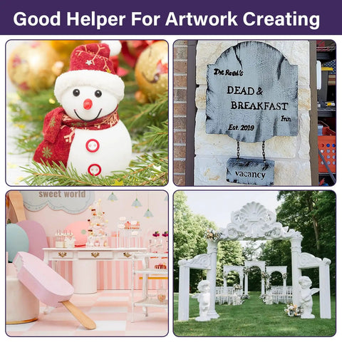 Collage of Christmas decor, Halloween sign, pastel bakery model, and garden pergola for 4 In 1 Foam Cutter Set projects.