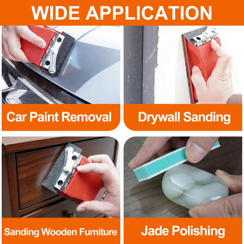 Wet And Dry Sandpaper Set With 42 Sheets From 120 To 3000 Grit Includes Sanding Block Pro Grade Finish For Wood Metal Automotive And Furniture Projects, DIY Ready Step By Step Sanding Smoothing And Polishing Kit in use on various surfaces like car paint, drywall, wooden furniture, and jade.