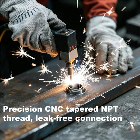 Two Pack 3/8 Npt Weld On Female Pipe Thread Steel Bung Fitting Step Nut Top Shelf Hardware while welding with sparks.