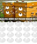 Stainless Steel Bee Hive Nuc Box Entrance Gates With Four Mode Disc Excluder for Beekeeping, bees on wooden hives in field.