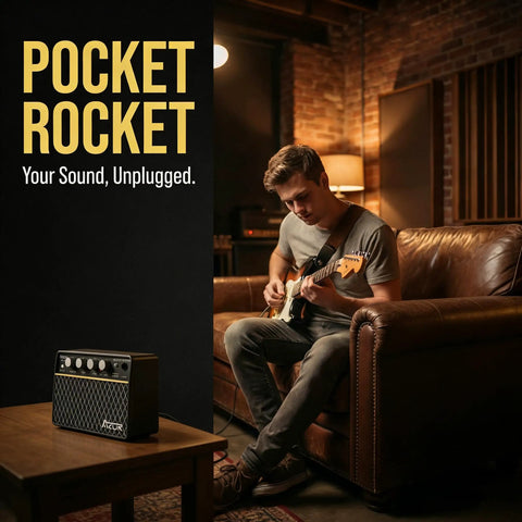 Person playing guitar with 10W Wireless Portable Guitar Amp With Type C Rechargeable Battery in cozy living room scene.
