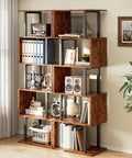 Top Shelf Six Tier Bookshelf With Sleek S Shaped Design, Rustic Brown Geometric Storage Rack in living room setting, filled with books and decor.