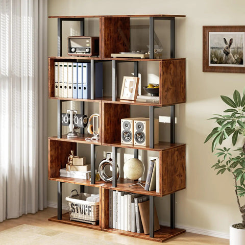 Top Shelf Six Tier Bookshelf With Sleek S Shaped Design, Rustic Brown Geometric Storage Rack in living room setting, filled with books and decor.