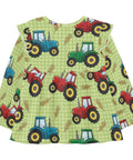 Ultra Soft Cotton Baby Girl Blouse With Ruffled Sleeves Featuring Farm Tractor Print On Green Background For Everyday, Holidays And School, Cozy Long Sleeve Top, Machine Washable, Easy Care 5T