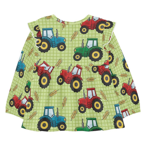Ultra Soft Cotton Baby Girl Blouse With Ruffled Sleeves Featuring Farm Tractor Print On Green Background For Everyday, Holidays And School, Cozy Long Sleeve Top, Machine Washable, Easy Care 5T