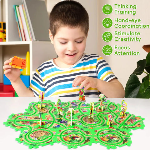 Child playing with Puzzle Racer Car Track Set For Kids Ages 3 To 8 With 10 Puzzle Tracks Snail Car And Road Sign Pieces on table