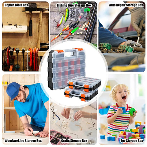 3 Pack Double Sided Toolbox Organizer With 34 Removable Compartments as storage solutions for various activities, center focus case.