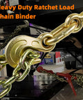 Two Pack Ratchet Load Binder Set 3/8 To 1/2 Inch With 1/2 Inch Grab And Slip Hooks shown securing a cargo chain