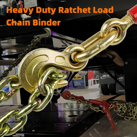 Two Pack Ratchet Load Binder Set 3/8 To 1/2 Inch With 1/2 Inch Grab And Slip Hooks shown securing a cargo chain