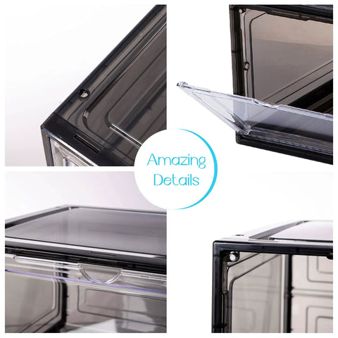 Six Pack See Through Storage Boxes With Acrylic Magnetic Doors For Closet Organization details showing clear plastic and handle