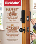 Electronic Keypad Deadbolt With Keyless Entry on door, reversible handle, oil rubbed bronze finish, woman installing, IP65 waterproof label visible.
