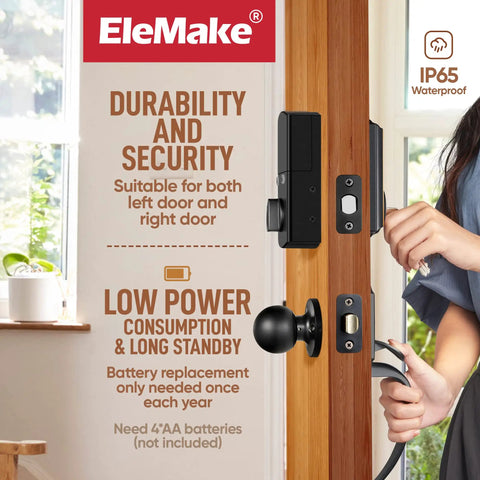 Electronic Keypad Deadbolt With Keyless Entry on door, reversible handle, oil rubbed bronze finish, woman installing, IP65 waterproof label visible.