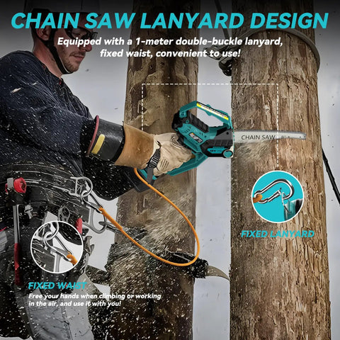 Worker using Two In One Cordless Mini Chainsaw with 800W Brushless Motor, 8 Inch And 6 Inch Cutting Bars, Auto Oiler, attached to lanyard