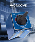 Heavy Duty Magnetic Base Stand With Fine Adjustment For Dial Indicator, blue V-groove base detail with on/off switch