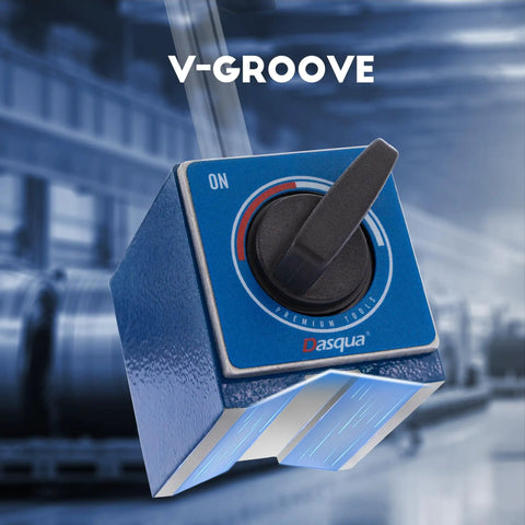 Heavy Duty Magnetic Base Stand With Fine Adjustment For Dial Indicator, blue V-groove base detail with on/off switch