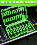 Magnetic Nut Driver Set For Impact Drill With Thirty Nine Pieces Includes Metric And SAE Hex Nut Drivers in green toolbox.