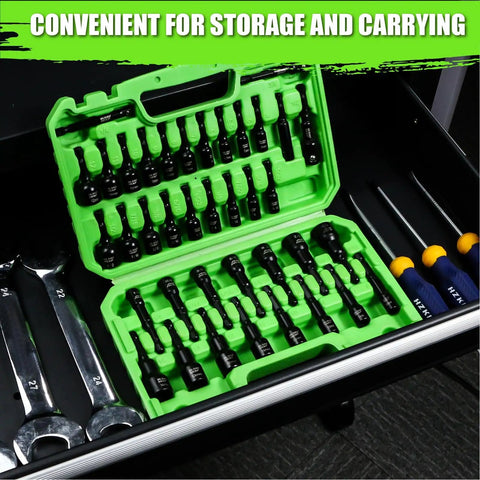 Magnetic Nut Driver Set For Impact Drill With Thirty Nine Pieces Includes Metric And SAE Hex Nut Drivers in green toolbox.