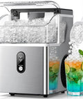 Solid Countertop Nugget Ice Maker Goes Hard On Rapid Cooling Spits Out Hella Chewable Pebble Chunks Quickly Generates Thirty Five Pounds Daily For Any Setup showing clear ice cubes in container.