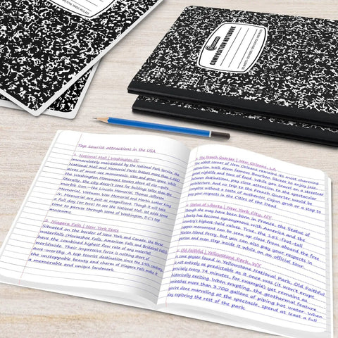 100 Pack Wide Ruled Composition Notebooks Bulk 200 Pages Each Hard Cover Black Marble Design For School Office Home Notes on desk