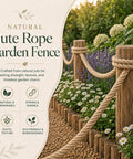 Natural jute rope fence in garden setting with wooden posts and flowers, showcasing Rugged Heavy Duty Jute Rope 2 Inch By 25 Feet.