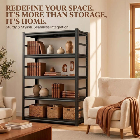 Five Tier Heavy Duty Metal Bookshelf Adjustable Tall Storage Rack With Anti Drop Fence High Capacity Steel Display Shelf Hella Sturdy To Stack Tons Of Gear And Books Without Any Wobble For Your Home Or Office