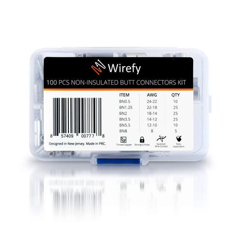Non-Insulated Butt Connectors Kit 100 Pcs package showing contents and label details in plastic box.
