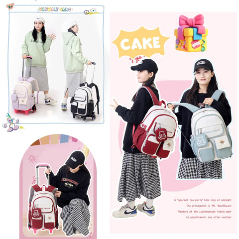 Color Blocking Rolling Backpack For Girls With Wheels, Kawaii Trolley Bag for Primary Students, large capacity school backpack display