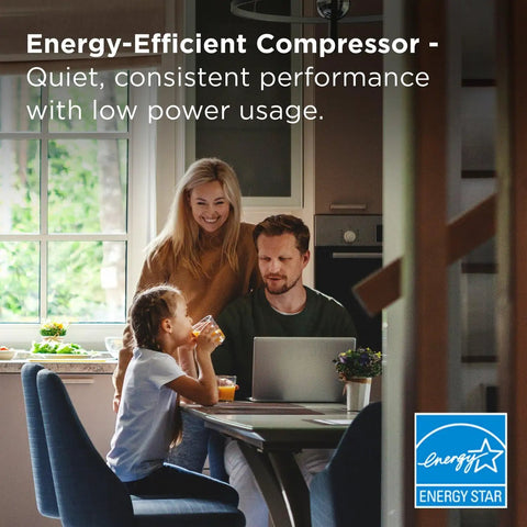 Compact Counter Depth Refrigerator With Top Freezer 11.6 Cubic Feet, Slick Silver Vibe, family enjoying low power usage features.